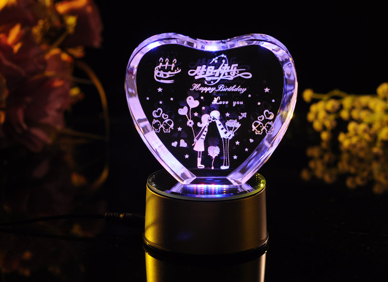 心形3d水晶内雕生日快乐----激光内雕水晶工艺品,usb七彩旋转发光