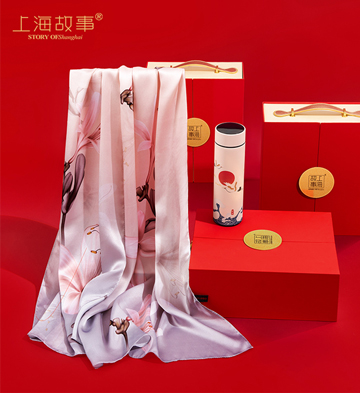 上海故事百合灰粉蚕丝丝巾+保温杯礼盒