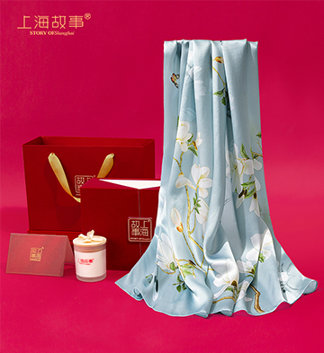 上海故事真丝围巾望春清绿+香薰礼盒