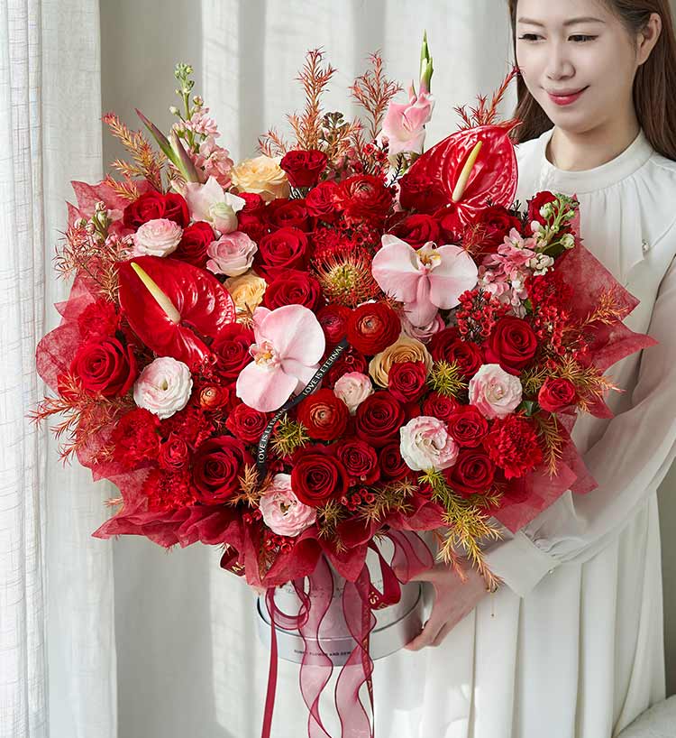 红玫瑰蝴蝶兰大抱抱桶